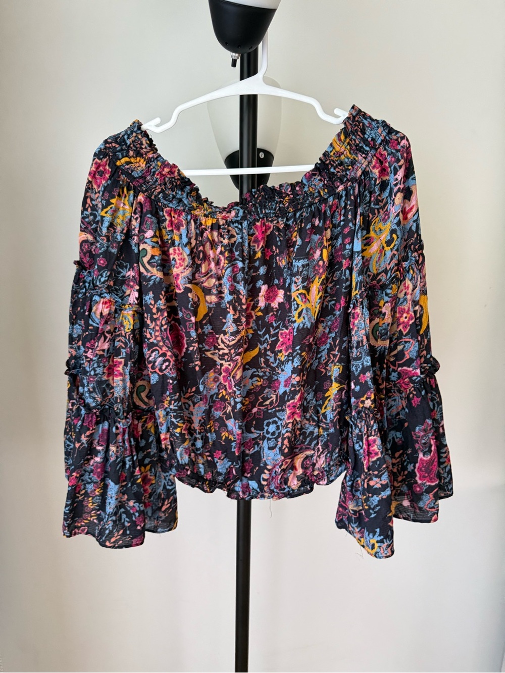 Free People Navy Multi Floral Off-Shoulder Peasant Blouse XS